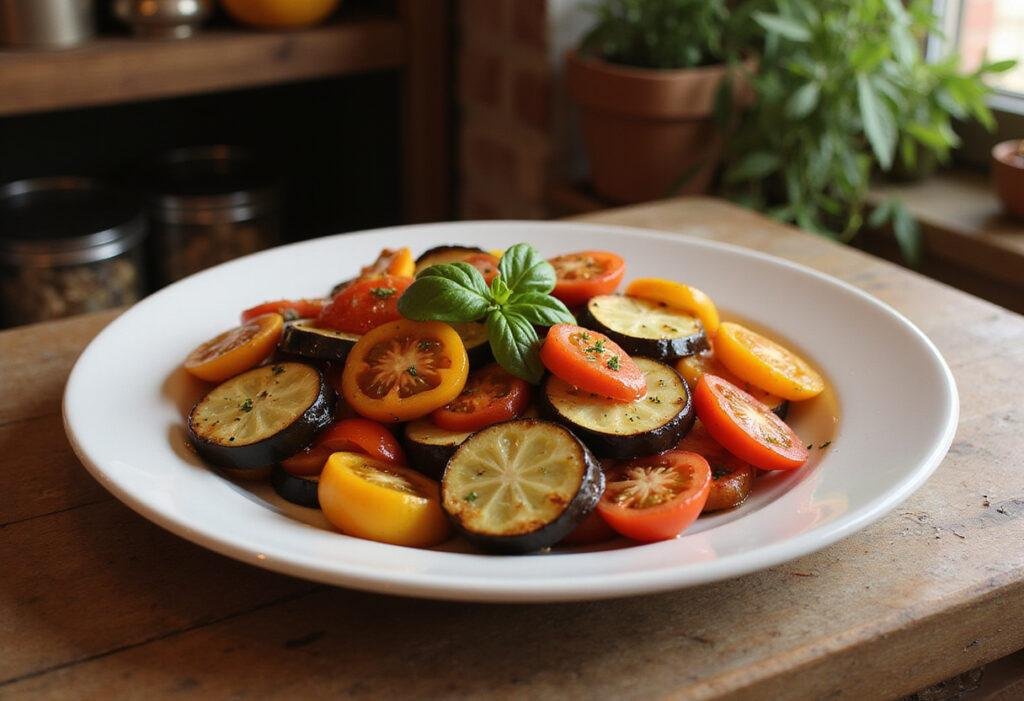 Pixar Ratatouille dish with colorful vegetables on a rustic plate in a French kitchen setting, inspired by Remy's famous recipe from the movie.