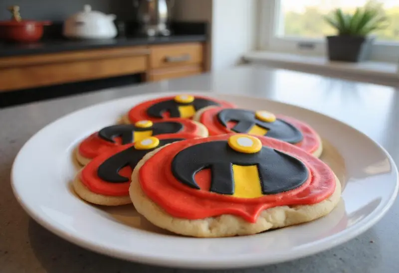 Pixar The Incredibles Logo Cookies decorated with bright red, black, and yellow icing, perfect for an Incredibles party in a modern kitchen setting