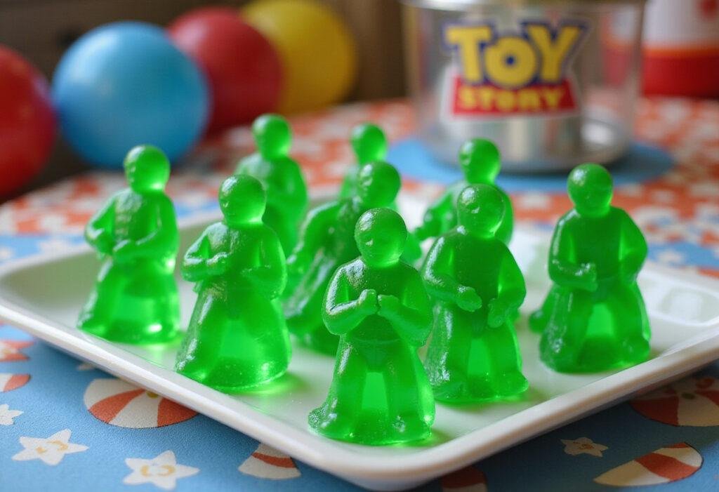 Pixar Toy Story's Army Men Jello featuring green jello army men on a Toy Story-themed party table for a fun, animated dessert display