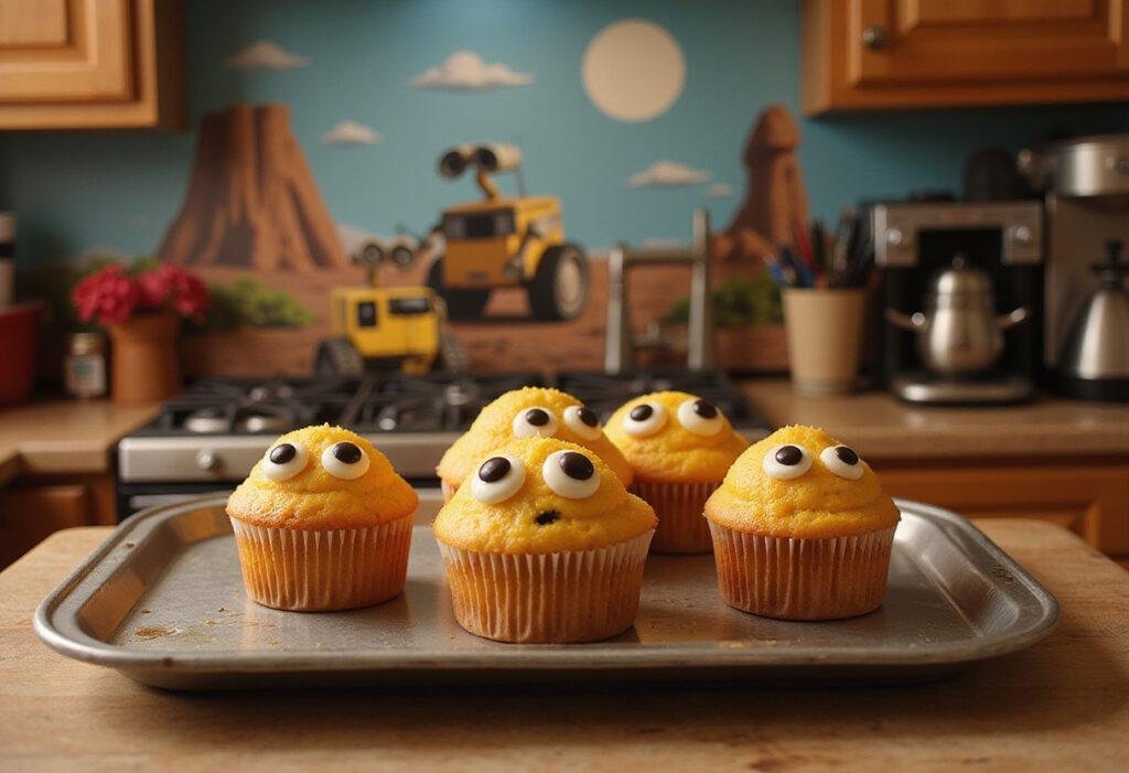 Pixar WALL-E's Twinkie cupcakes displayed in a futuristic kitchen scene, decorated to resemble WALL-E's face with metallic icing and friendly eyes.