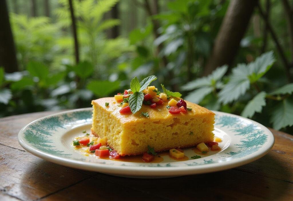 Pocahontas' Colors of the Wind cornbread displayed on a rustic table with colorful toppings, inspired by Native American food in a forest setting