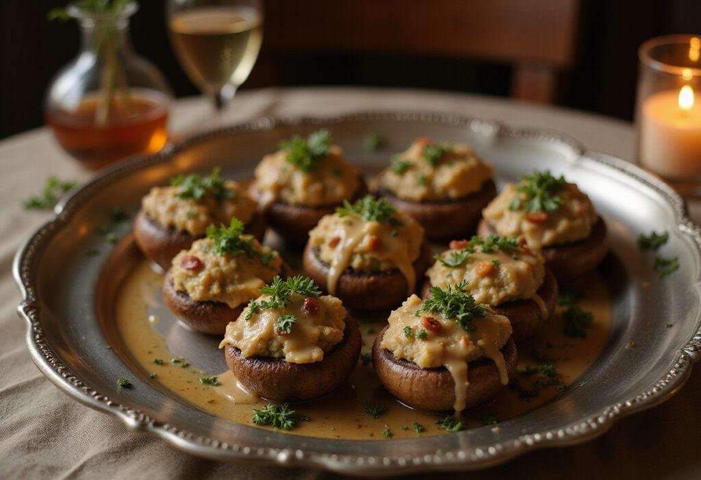Stuffed mushrooms inspired by Pretty Woman, romantic movie food served elegantly on a vintage table
