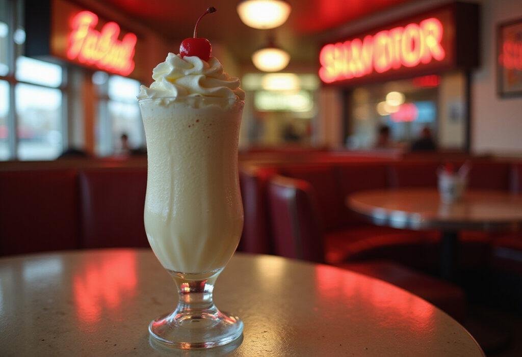 Pulp Fiction's $5 Milkshake served in a retro diner setting with whipped cream and cherry, inspired by Mia Wallace's favorite food from the movie.