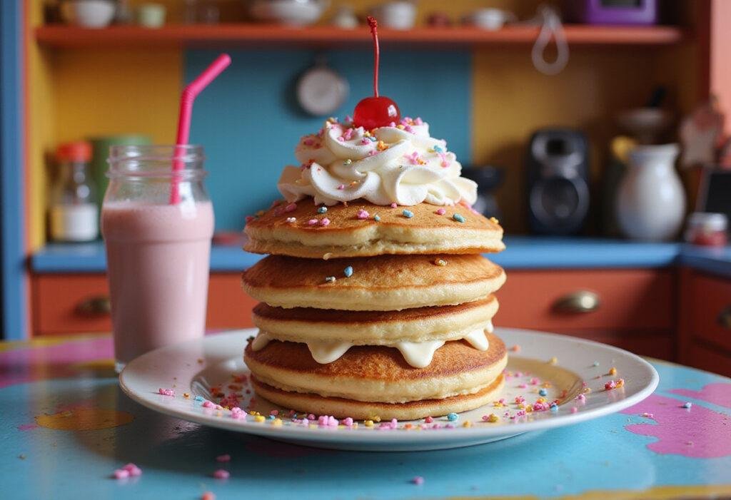 Ralph Breaks the Internet's Pancake Milkshake Cake on a colorful table with internet-themed decor, highlighting the layered pancake and milkshake dessert.