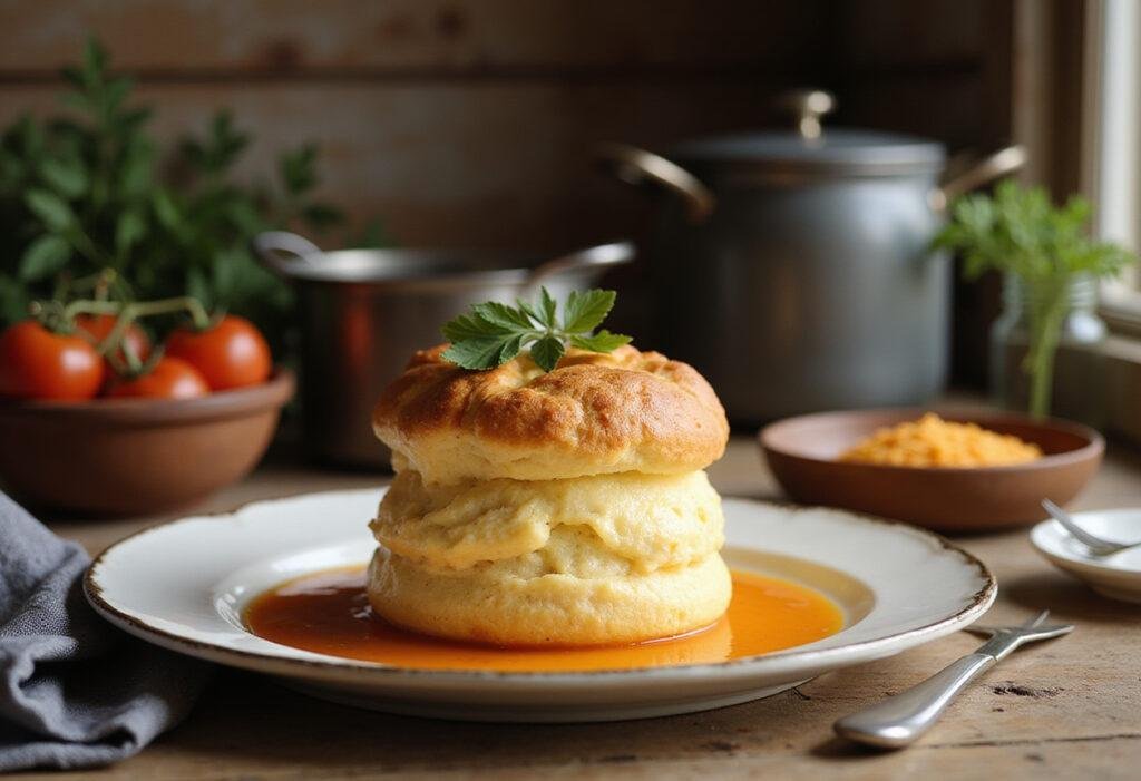 Delicious cheese soufflé inspired by French cuisine, plated in a rustic French kitchen setting, showcasing its golden, airy appearance and garnish.