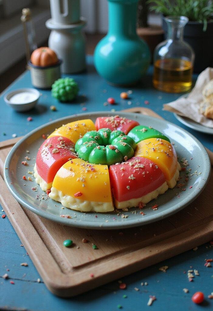 Rick and Morty Anatomy Park Jello Salad displayed as a colorful, science-inspired dessert on a futuristic table, capturing the show's unique style.