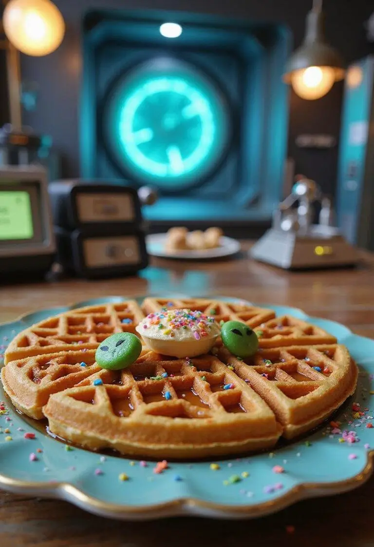 Rick and Morty Get Schwifty waffles plated with syrup, colorful sprinkles, in a sci-fi laboratory setting inspired by Rick and Morty, featuring futuristic gadgets and a space-themed backdrop.