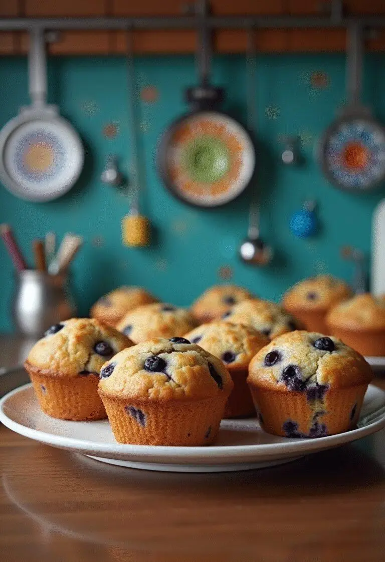 Rick and Morty Mr. Meeseeks blueberry muffins on a kitchen counter, featuring golden-brown muffins with blueberries in a sci-fi themed setting inspired by the show