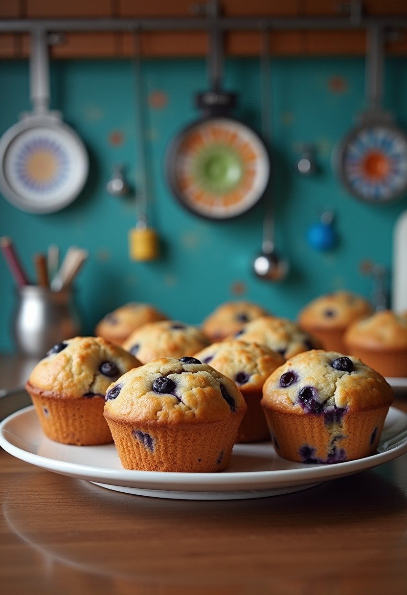 Rick and Morty Mr. Meeseeks blueberry muffins on a kitchen counter, featuring golden-brown muffins with blueberries in a sci-fi themed setting inspired by the show
