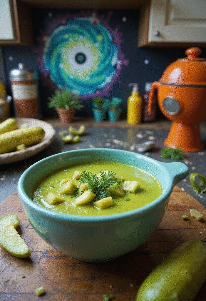 Rick and Morty Pickle Rick Dill Pickle Soup served in a themed sci-fi kitchen scene, highlighting vibrant green broth with pickle and dill garnishes.