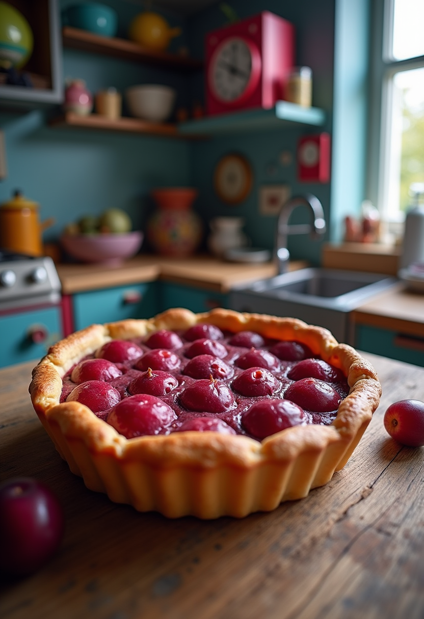 Rick and Morty Plumbus Plum Tart, realistic baked pastry with plums, in a sci-fi inspired kitchen scene