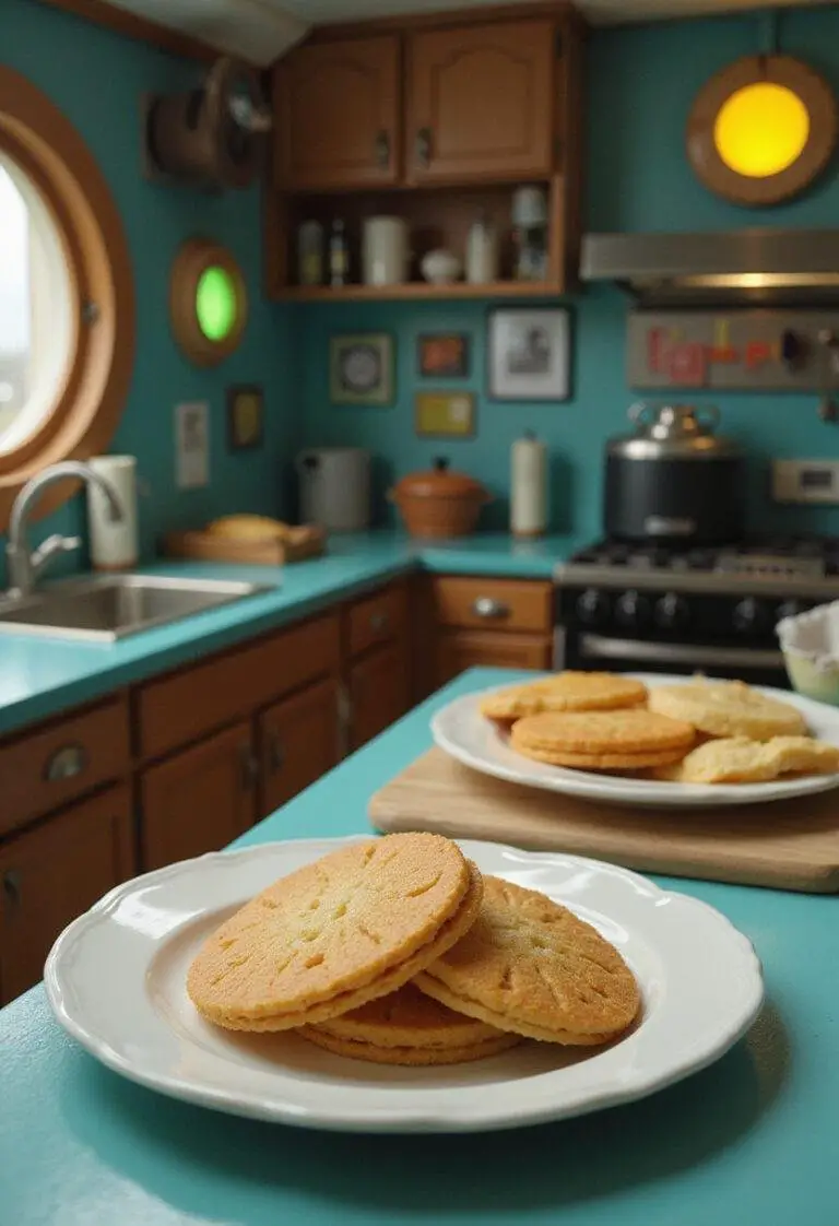 Rick and Morty Simple Rick's Wafers on a futuristic kitchen counter, showcasing crispy layered wafers in a sci-fi themed setting.