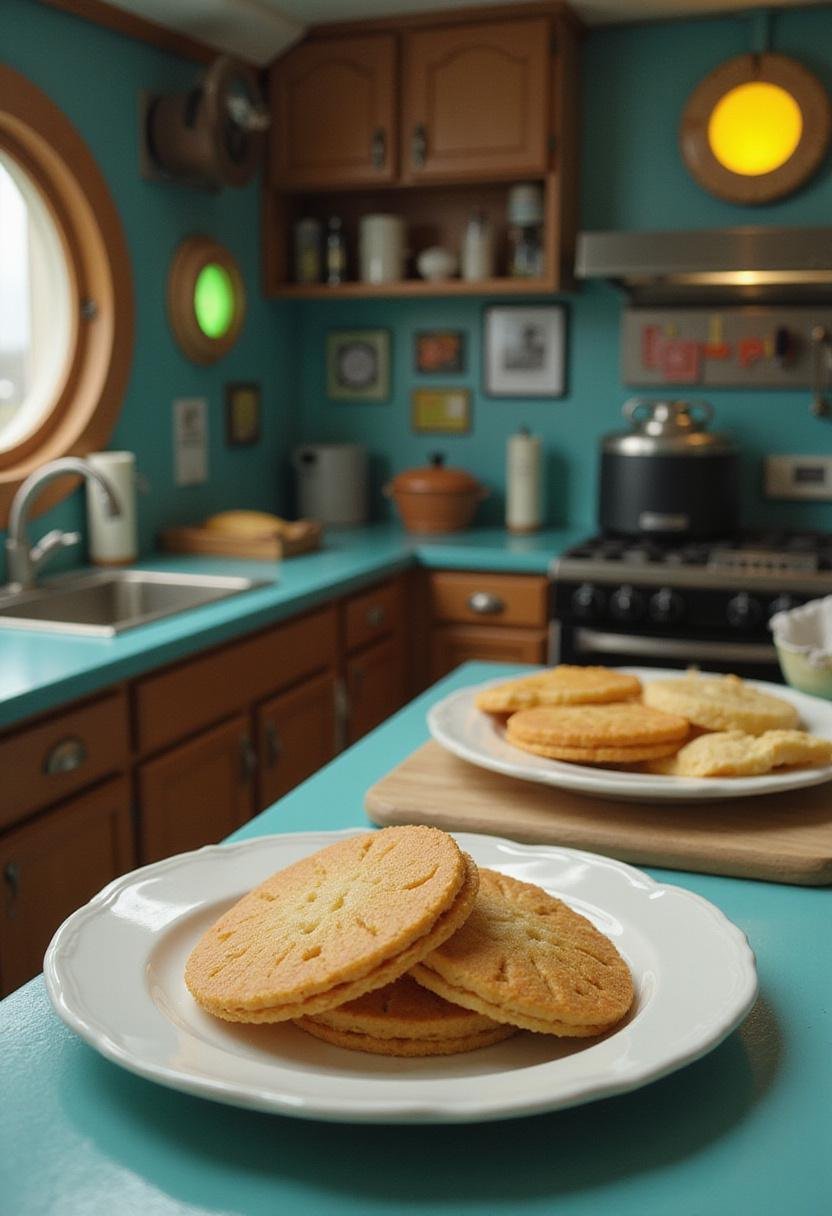 Rick and Morty Simple Rick's Wafers on a futuristic kitchen counter, showcasing crispy layered wafers in a sci-fi themed setting.