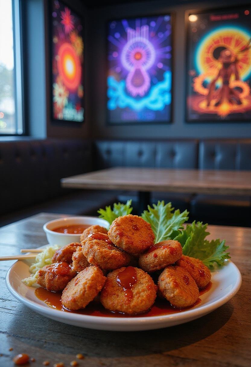 Rick and Morty Szechuan Sauce Chicken Nuggets served on a futuristic sci-fi themed table with vegetables and chopsticks.