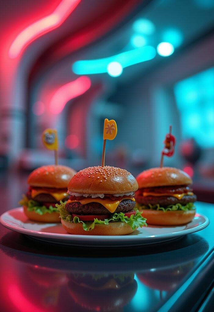 Rick and Morty The Citadel's Citadel Sliders plated as a realistic food scene in a futuristic sci-fi environment with neon lighting.