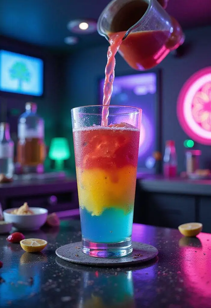 Rick and Morty Wubba Lubba Dub Dub Punch served in a futuristic laboratory setting with neon colors and sci-fi gadgets, inspired by the show's style.