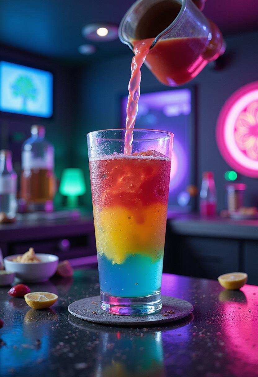 Rick and Morty Wubba Lubba Dub Dub Punch served in a futuristic laboratory setting with neon colors and sci-fi gadgets, inspired by the show's style.