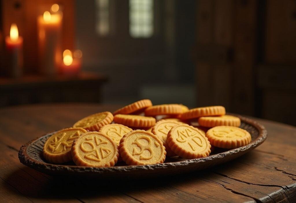 Robin Hood's Stolen Gold Coin Cookies displayed on a medieval wooden table with castle hall background, realistic and appetizing setting