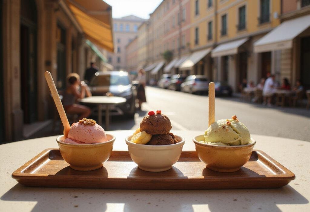 Roman Holiday gelato tasting flight featuring assorted flavors on a charming outdoor European cafe table, inspired by Audrey Hepburn's movie food.
