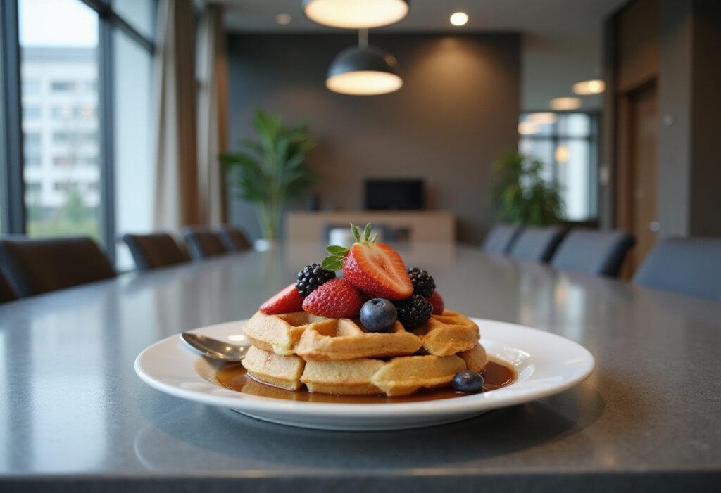 Severance's Waffle Party Waffles served on a modern office table, featuring golden waffles topped with berries and syrup, inspired by Severance TV show.