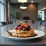 Severance's Waffle Party Waffles served on a modern office table, featuring golden waffles topped with berries and syrup, inspired by Severance TV show.
