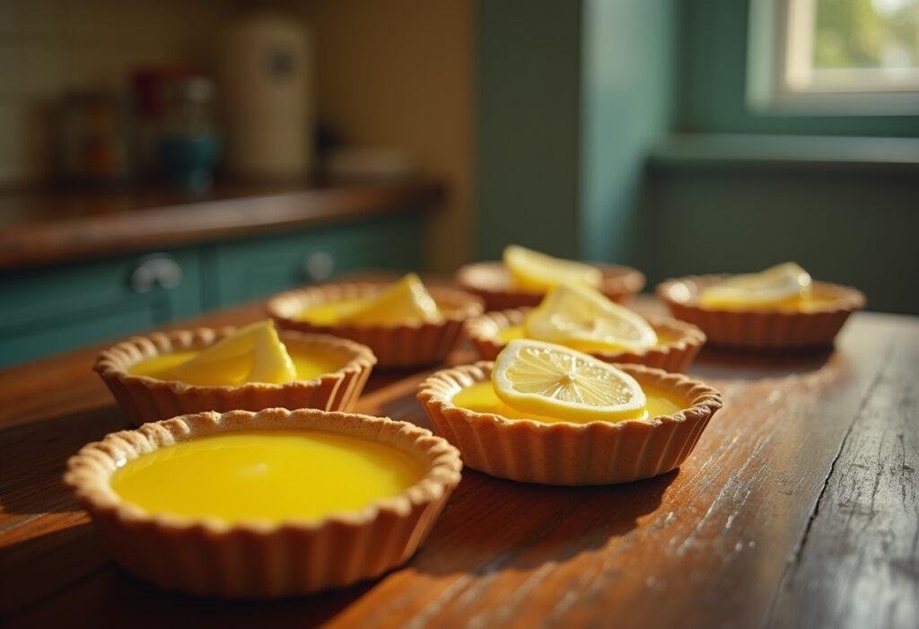 Singin' in the Rain lemon tarts on a vintage table, capturing the classic movie musical food in a nostalgic setting.
