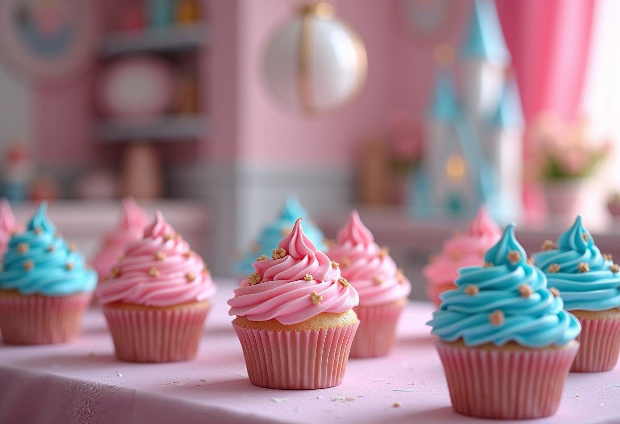 Sleeping Beauty's Make it Pink, Make it Blue Cupcakes featuring color changing frosting in a fairytale castle kitchen scene
