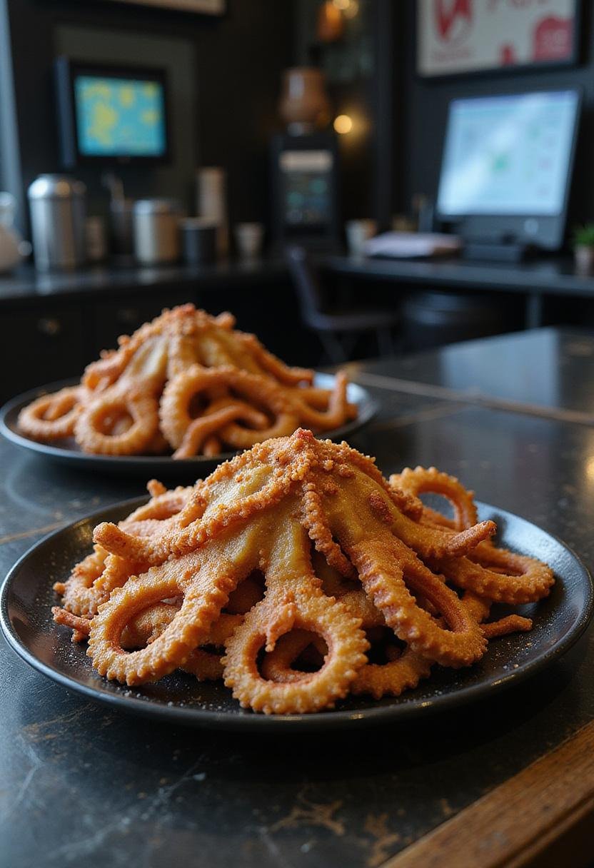 Spiderman Doctor Octopus's Tentacle Calamari served on a sci-fi themed plate with industrial background, showcasing crispy golden calamari tentacles in a realistic setting.