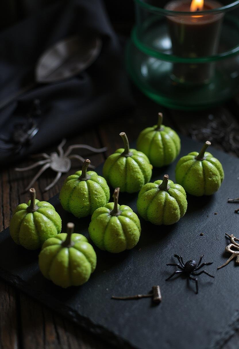 Spiderman Green Goblin's Pumpkin Bomb Cheese Balls served on a dark slate with web decorations, inspired by Spider-Man's universe