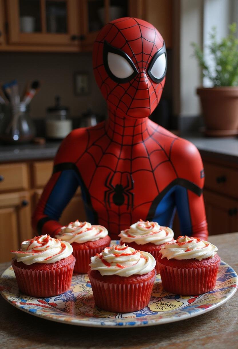 Spiderman Mary Jane's Face It, Tiger Red Velvet Cupcakes presented on a decorative plate in a comic-inspired kitchen setting, featuring vibrant red cupcakes with spider and tiger themed toppings.