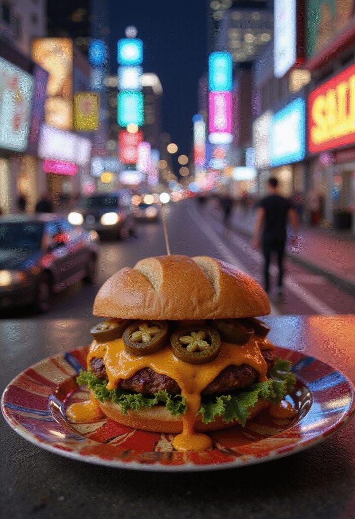 Spiderman Miles Morales's What's Up Danger Spicy Burgers served on a superhero-themed plate in a lively New York City setting