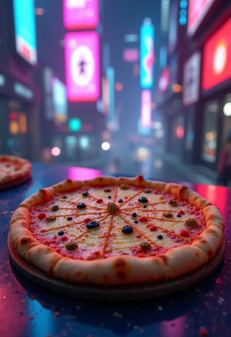 Spiderman Spider-Verse Glitchy Pizza depicted as a vibrant, tech-inspired pizza with web cheese and colorful toppings in a futuristic cityscape.