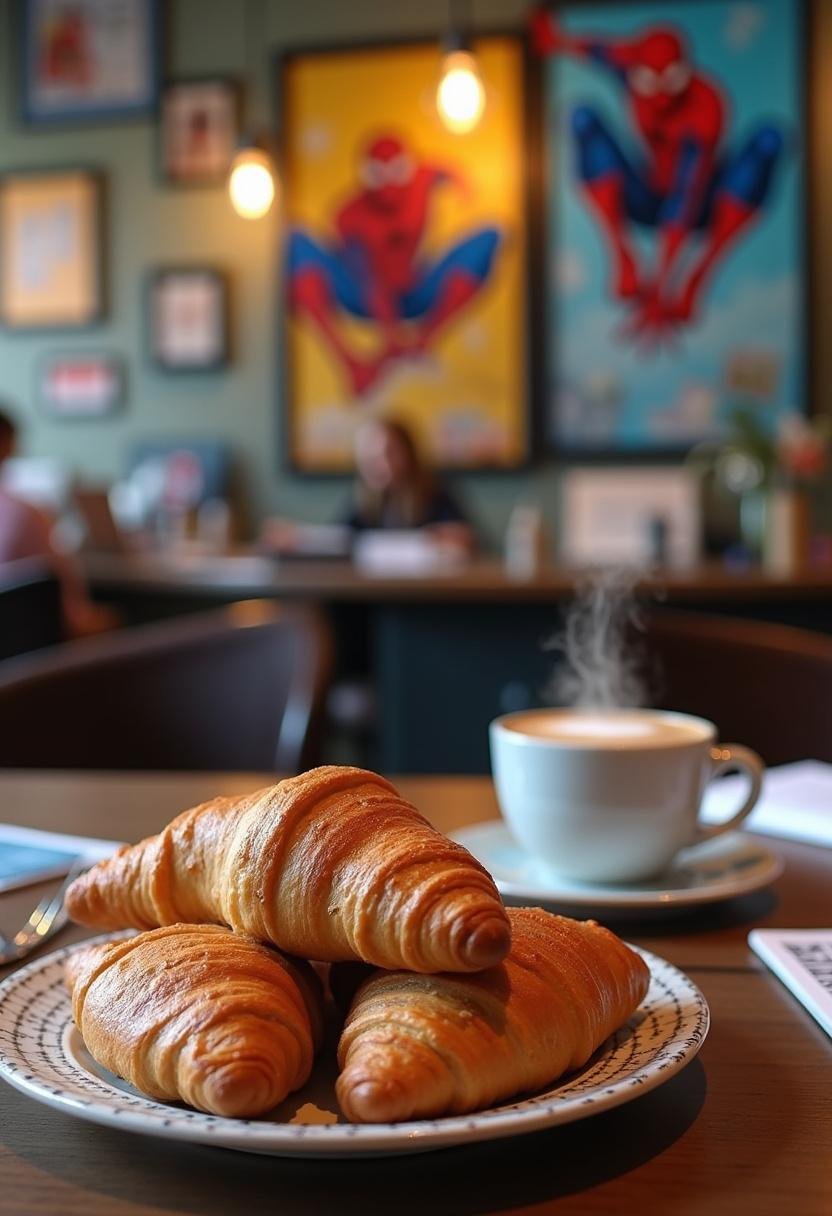 Spiderman The Daily Bugle Coffee and Croissants served on a desk with Spider-Man artwork in the background, realistic and inviting breakfast scene.