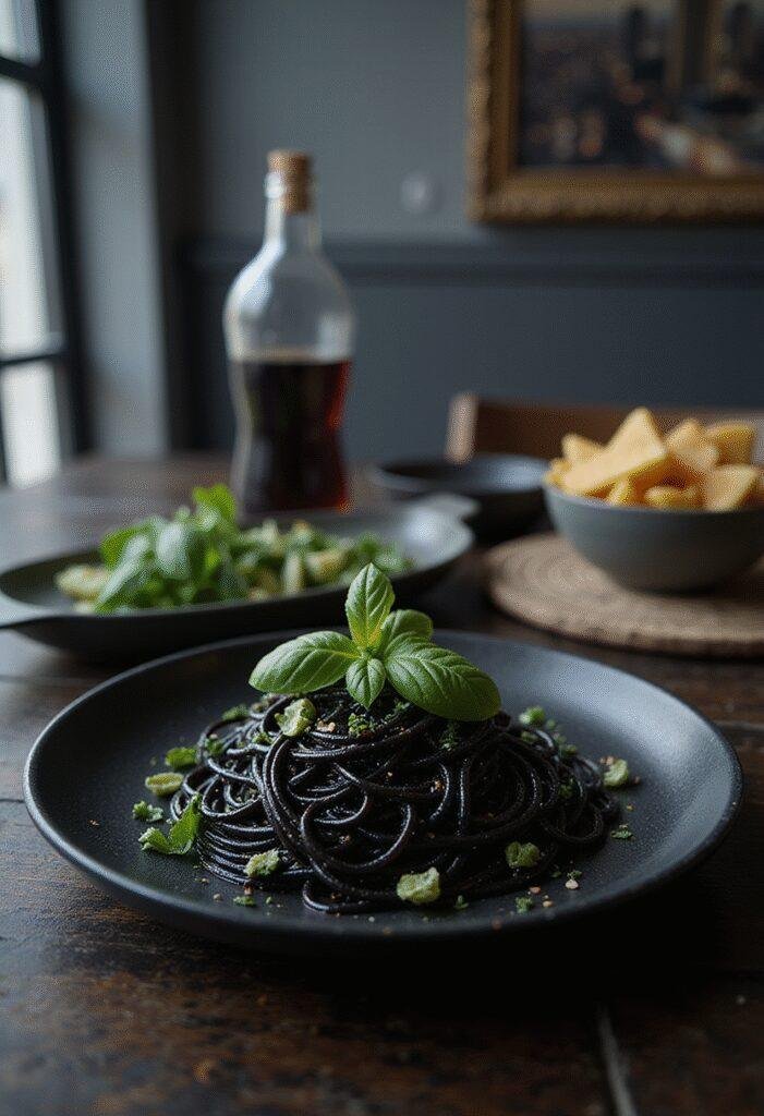 Spiderman Venom's Symbiote Black Pasta plated in a dark, themed setting with basil garnish, inspired by superhero movies and black pasta cuisine.