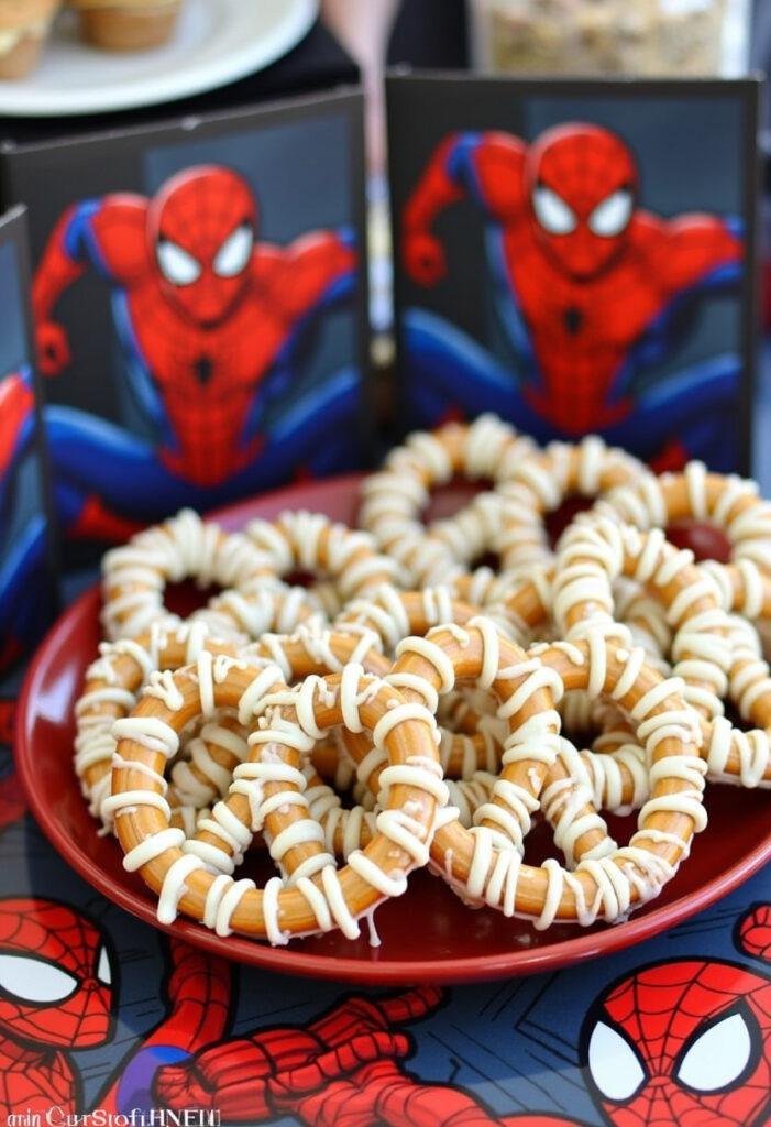 Spiderman Web Slinger White Chocolate Pretzels on a superhero-themed platter with white chocolate web drizzle, perfect for Spider-Man fans.