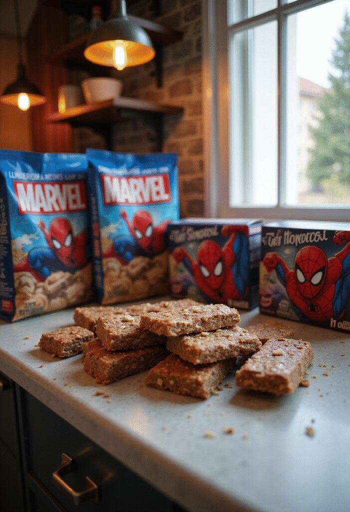 Spiderman With Great Power Protein Bars on a kitchen counter with Marvel-themed packaging, realistic and appealing for Marvel fans.