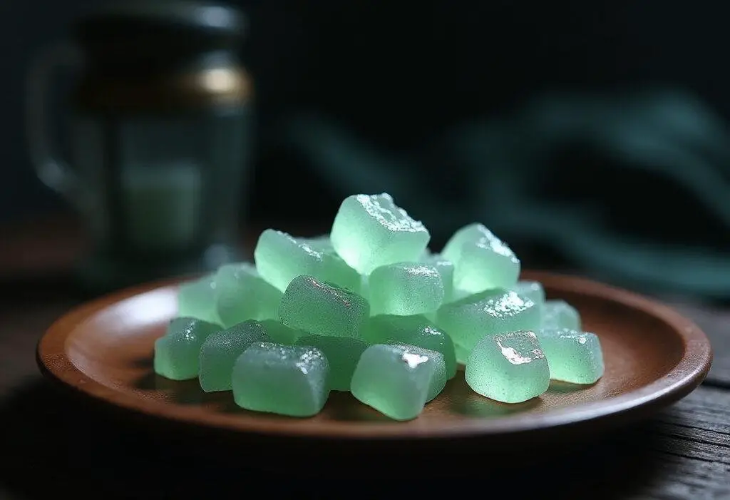 Squid Game Gi-hun's Gganbu Glass Shard Candy on a wooden tray, resembling shattered glass, in a scene inspired by Squid Game's intense atmosphere.