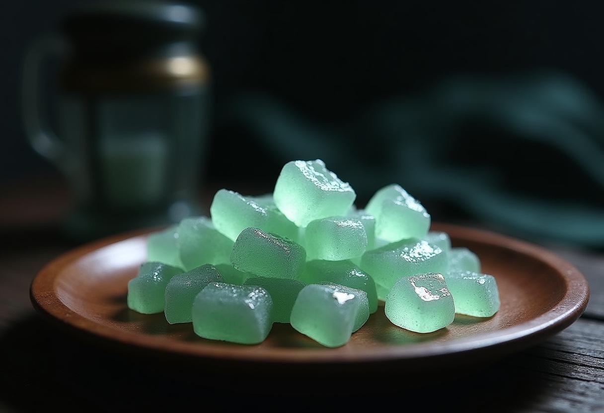 Squid Game Gi-hun's Gganbu Glass Shard Candy on a wooden tray, resembling shattered glass, in a scene inspired by Squid Game's intense atmosphere.