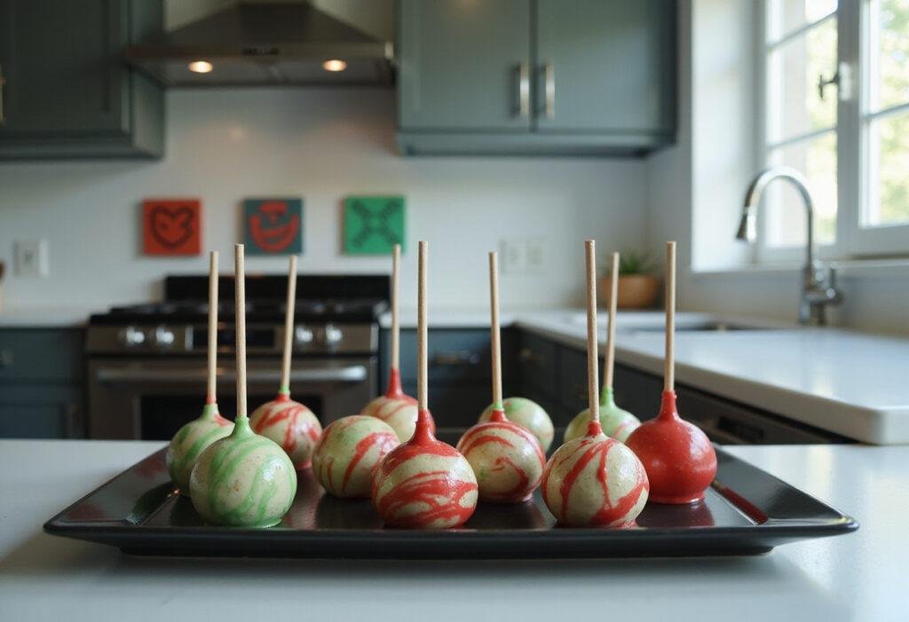 Squid Game marbles cake pops on a black plate in a modern kitchen, inspired by the TV show, featuring vibrant colors and themed decorations.