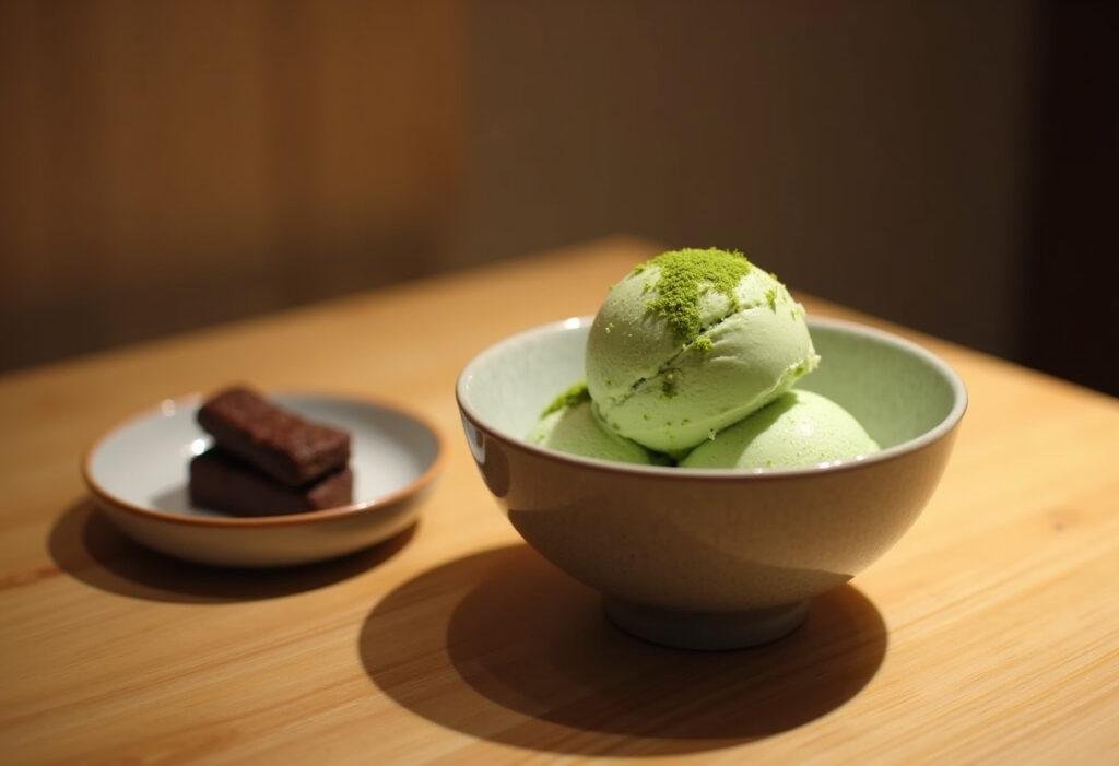 Squid Game Player 456's Lucky Green Tea Ice Cream in a Korean-inspired setting featuring traditional desserts and matcha topping.