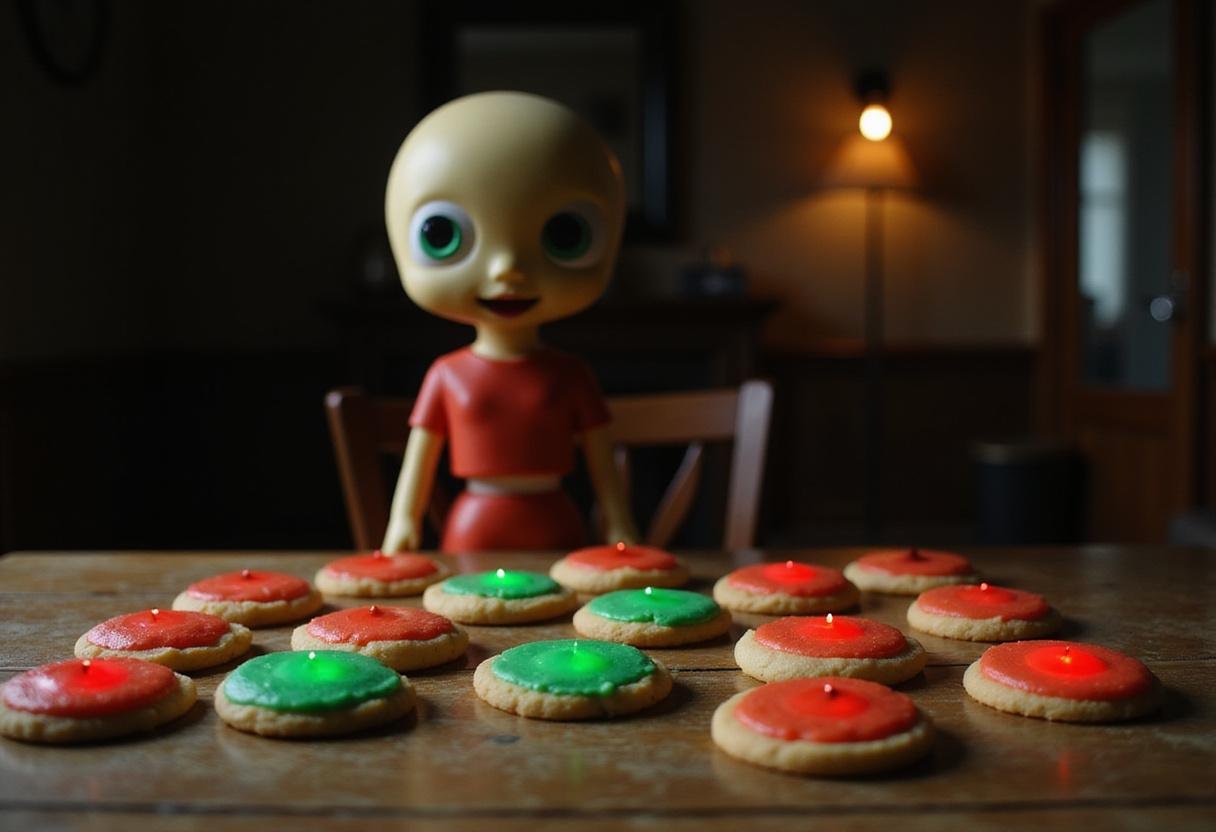 Squid Game Red Light, Green Light Doll's sugar cookies on a wooden table with the iconic doll from the show in the background, perfect for a themed TV show party.