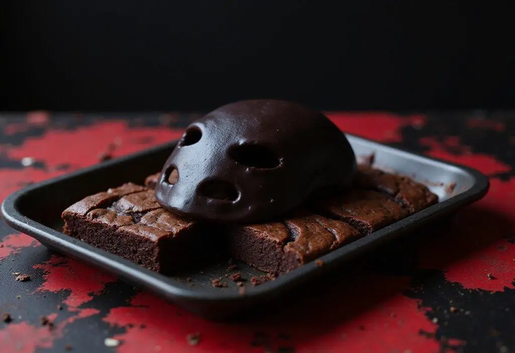 Dark chocolate brownies with black mask decoration inspired by Squid Game The Front Man, villain themed food, in a realistic setting.