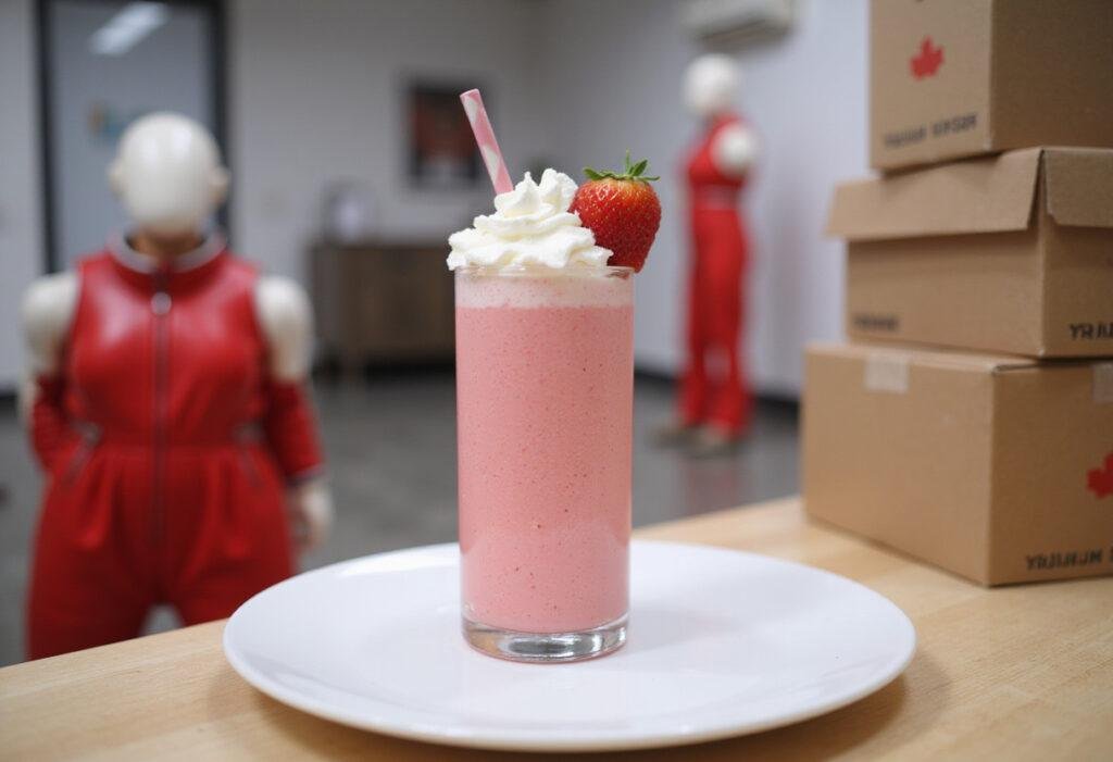 Strawberry milkshake inspired by Squid Game with pink color, whipped cream, and a fresh strawberry in a themed setting