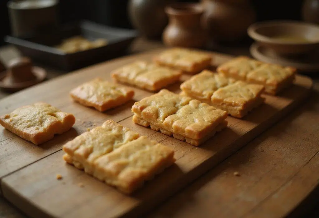 Squid Game-inspired folded sugar cookies and ddakji game food on a wooden table, realistic and detailed scene from the hit show Squid Game.