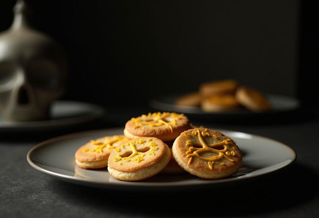 Golden sugar cookies decorated with VIP mask designs inspired by Squid Game, styled on a plate in a dimly lit, minimalist setting