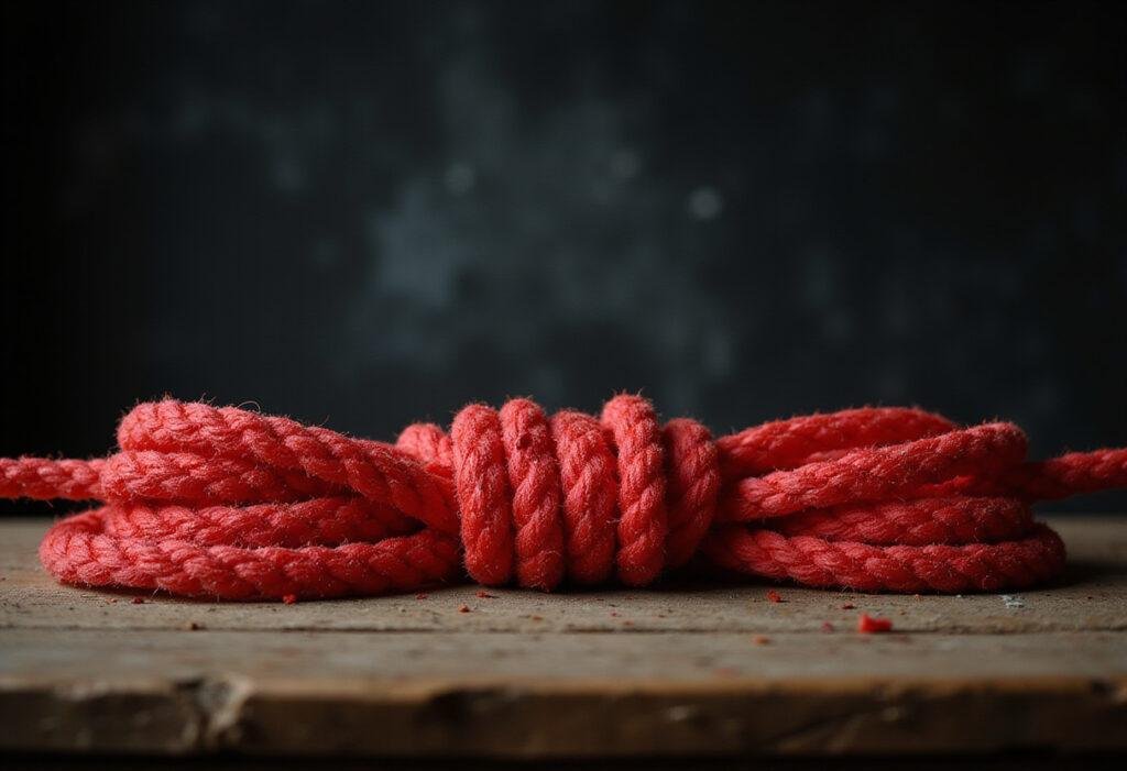 Squid Game tug of war licorice ropes as game-themed snacks on a wooden table in a cinematic style