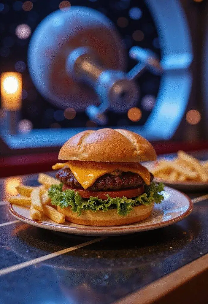 Star Trek Captain Kirk's Boldly Go Burger plated on a futuristic table with sci-fi decor, ready to serve in a space-themed setting.