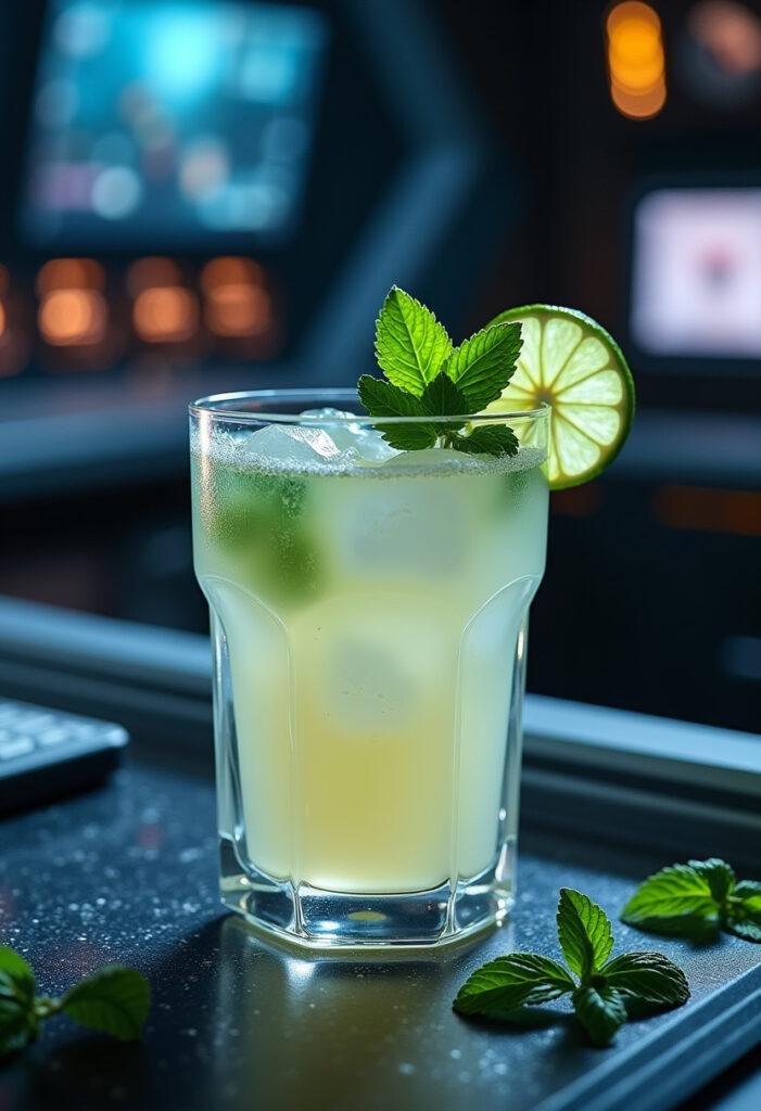 Star Trek Dr. McCoy's I'm a Doctor Mint Julep mocktail in a glass with mint leaves and lime on a starship countertop, inspired by Star Trek universe