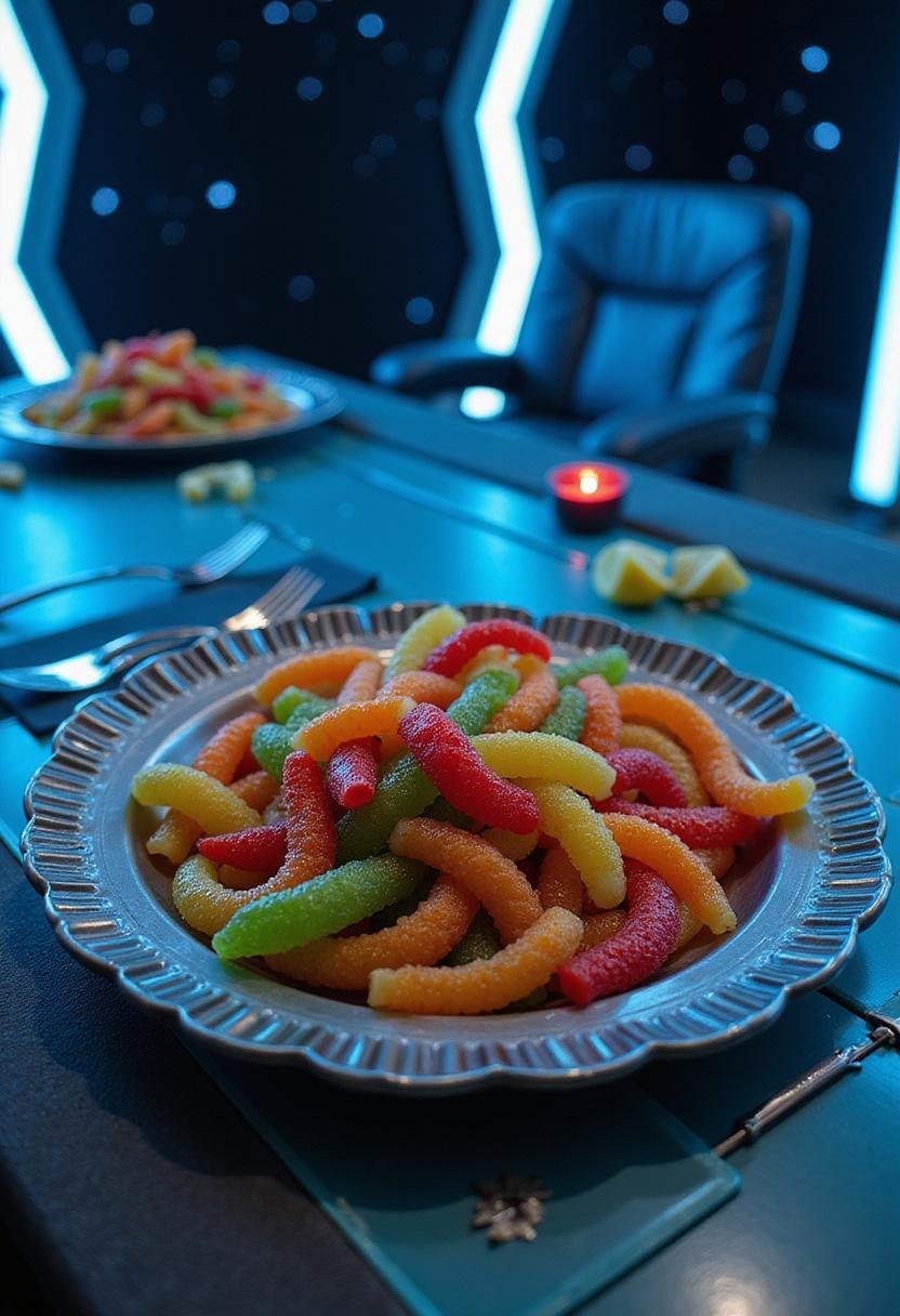 Realistic image of Star Trek Klingon Gagh made from gummy worms on a metallic plate in a sci-fi starship setting, showcasing an alien-inspired treat.