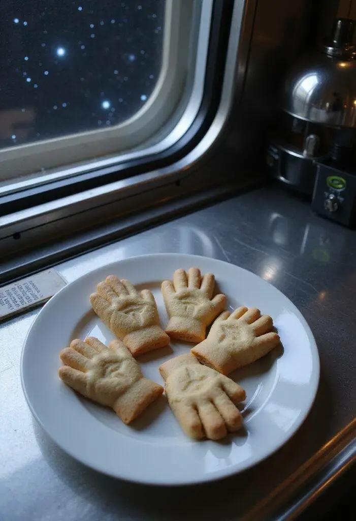 Star Trek Live Long and Prosper Hand Cookies displayed on a spaceship kitchen counter, featuring Vulcan salute etched cookies in a sci-fi themed setting.